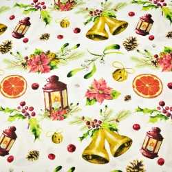 Baumwolle 100% Weihnachtsmuster Glöckchen mit Laternen auf weißem Hintergrund  