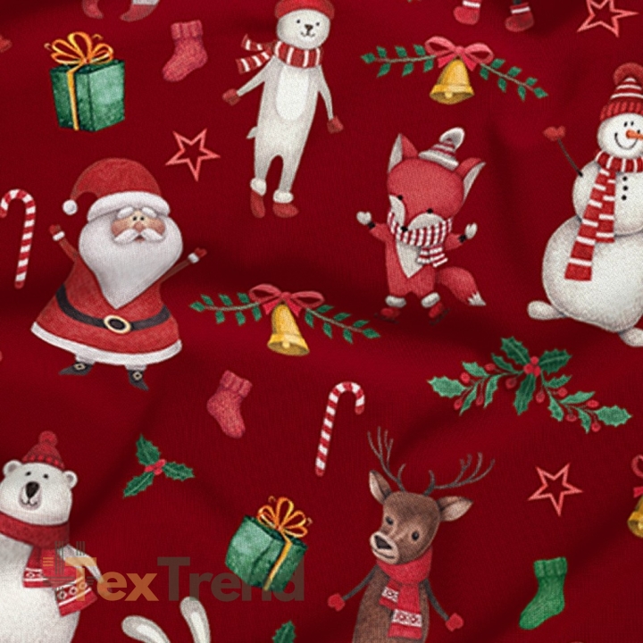 Baumwolle 100% Weihnachtsmuster fröhliche Tiere auf rotem Hintergrund  