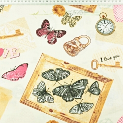 Baumwolle 100% Vintage Souvenirs mit rosa Schmetterlingen auf ecrufarbenem Hintergrund  