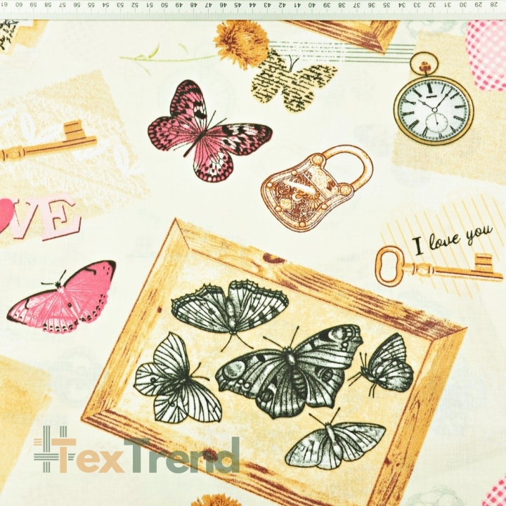 Baumwolle 100% Vintage Souvenirs mit rosa Schmetterlingen auf ecrufarbenem Hintergrund  