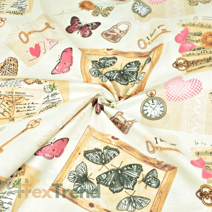 Baumwolle 100% Vintage Souvenirs mit rosa Schmetterlingen auf ecrufarbenem Hintergrund  