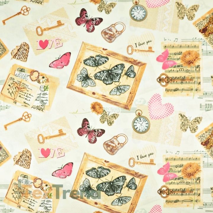 Baumwolle 100% Vintage Souvenirs mit rosa Schmetterlingen auf ecrufarbenem Hintergrund  