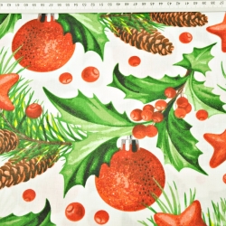 Baumwolle 100% Weihnachtsmuster Christbaumkugeln mit Stechpalme und Tannenzapfen auf weißem Hintergrund  