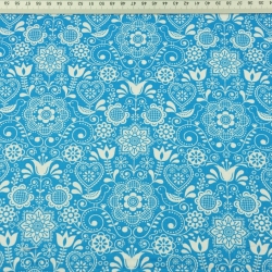 Baumwolle 100% bestickte Blumen mit Vogel weiß auf türkisfarbenem Hintergrund  