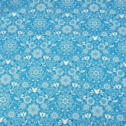 Baumwolle 100% bestickte Blumen mit Vogel weiß auf türkisfarbenem Hintergrund  