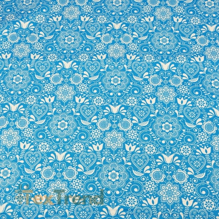 Baumwolle 100% bestickte Blumen mit Vogel weiß auf türkisfarbenem Hintergrund  