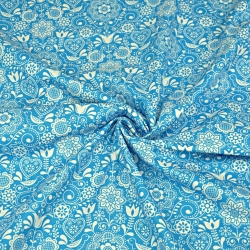 Baumwolle 100% bestickte Blumen mit Vogel weiß auf türkisfarbenem Hintergrund  