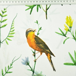 Baumwolle 100% große Wiese mit Vögeln auf weißem Hintergrund  