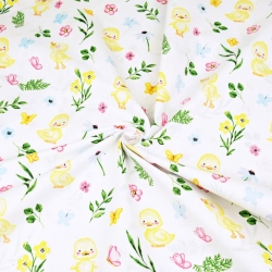 Baumwolle 100% gelbe Entchen mit Blumen auf weißem Hintergrund  