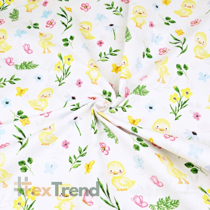 Baumwolle 100% gelbe Entchen mit Blumen auf weißem Hintergrund  