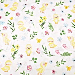 Baumwolle 100% gelbe Entchen mit Blumen auf weißem Hintergrund  