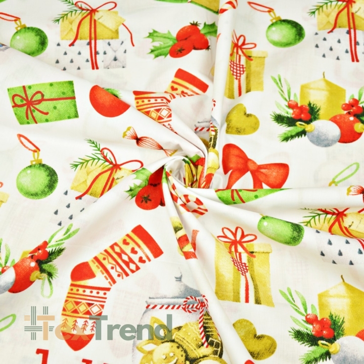 Baumwolle 100% Weihnachtsmuster Geschenke mit Socken auf weißem Hintergrund  