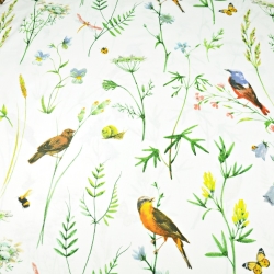 Baumwolle 100% große Wiese mit Vögeln auf weißem Hintergrund - 220cm  