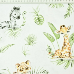 Baumwolle 100% afrikanische Tiere auf tropischen Blättern auf weißem Hintergrund  