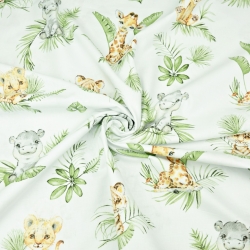 Baumwolle 100% afrikanische Tiere auf tropischen Blättern auf weißem Hintergrund  