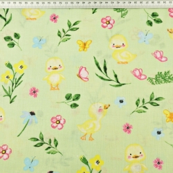 Baumwolle 100% gelbe Entchen mit Blumen auf grünem Hintergrund  