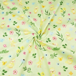 Baumwolle 100% gelbe Entchen mit Blumen auf grünem Hintergrund  