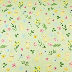 Baumwolle 100% gelbe Entchen mit Blumen auf grünem Hintergrund  