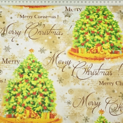 Baumwolle 100% Weihnachtsmuster bunte Tannenbäume auf beigem Hintergrund  