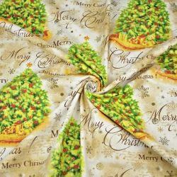 Baumwolle 100% Weihnachtsmuster bunte Tannenbäume auf beigem Hintergrund  