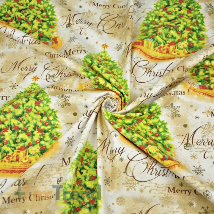 Baumwolle 100% Weihnachtsmuster bunte Tannenbäume auf beigem Hintergrund  