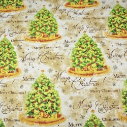 Baumwolle 100% Weihnachtsmuster bunte Tannenbäume auf beigem Hintergrund  