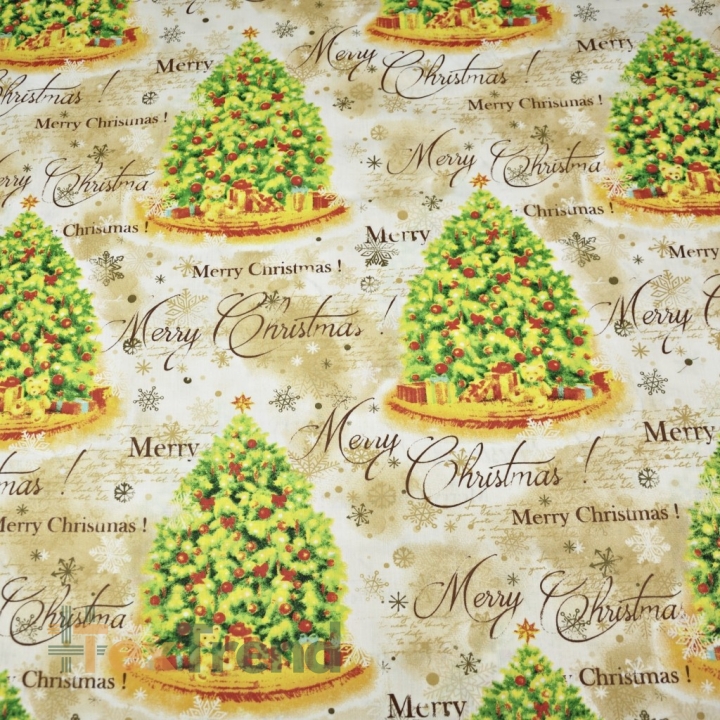 Baumwolle 100% Weihnachtsmuster bunte Tannenbäume auf beigem Hintergrund  