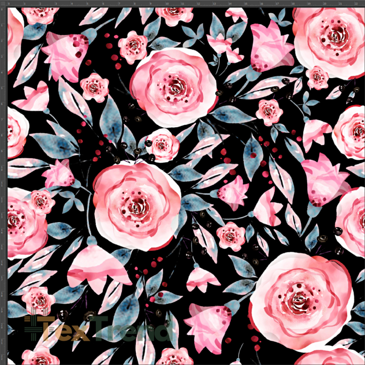 Jersey-Stoff mit rosa Blumen und Blättern auf schwarzem Hintergrund - Digitaldruck  