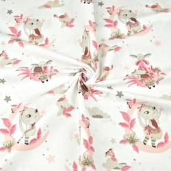 Baumwolle 100% Hasen auf rosa Monden auf weißem Hintergrund  