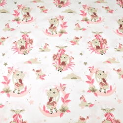 Baumwolle 100% Hasen auf rosa Monden auf weißem Hintergrund  