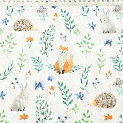 Baumwolle 100% Tiere mit Zweigen blau auf weißem Hintergrund  