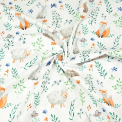 Baumwolle 100% Tiere mit Zweigen blau auf weißem Hintergrund  