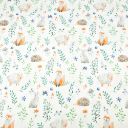 Baumwolle 100% Tiere mit Zweigen blau auf weißem Hintergrund  