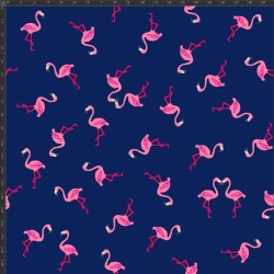 Jersey-Stoff mit rosa Flamingos auf dunkelblauem Hintergrund - Digitaldruck  