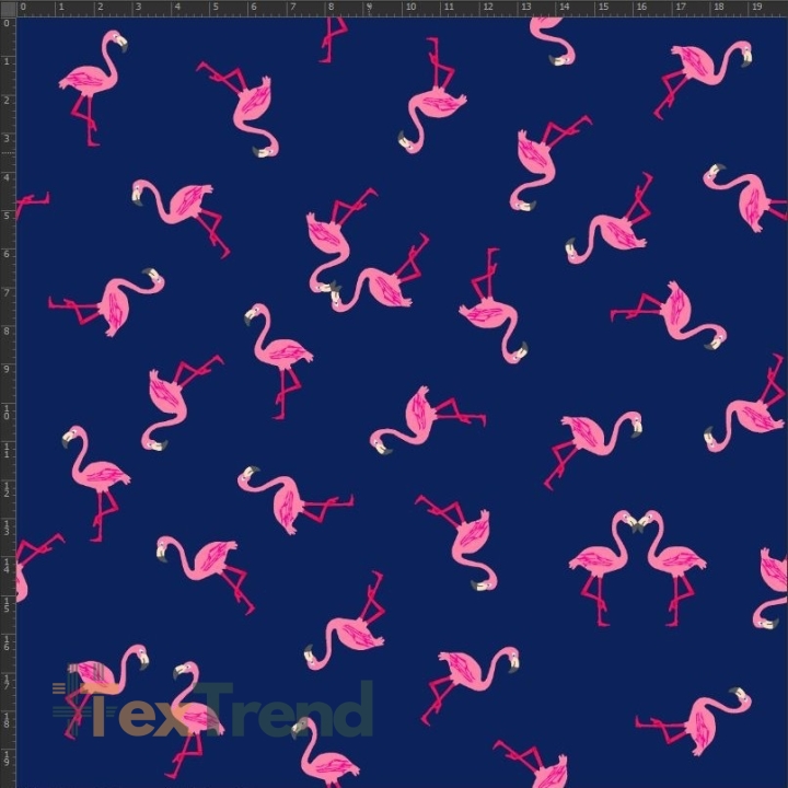 Jersey-Stoff mit rosa Flamingos auf dunkelblauem Hintergrund - Digitaldruck  