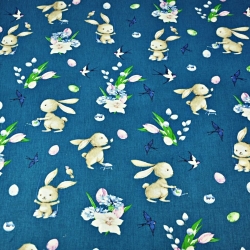 Baumwolle 100% Osterhasen mit Blumen auf smaragdgrünem Hintergrund  