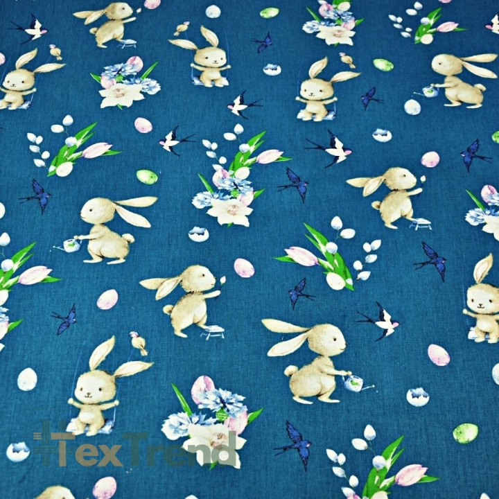 Baumwolle 100% Osterhasen mit Blumen auf smaragdgrünem Hintergrund  