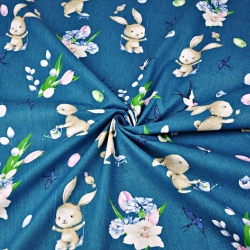 Baumwolle 100% Osterhasen mit Blumen auf smaragdgrünem Hintergrund  