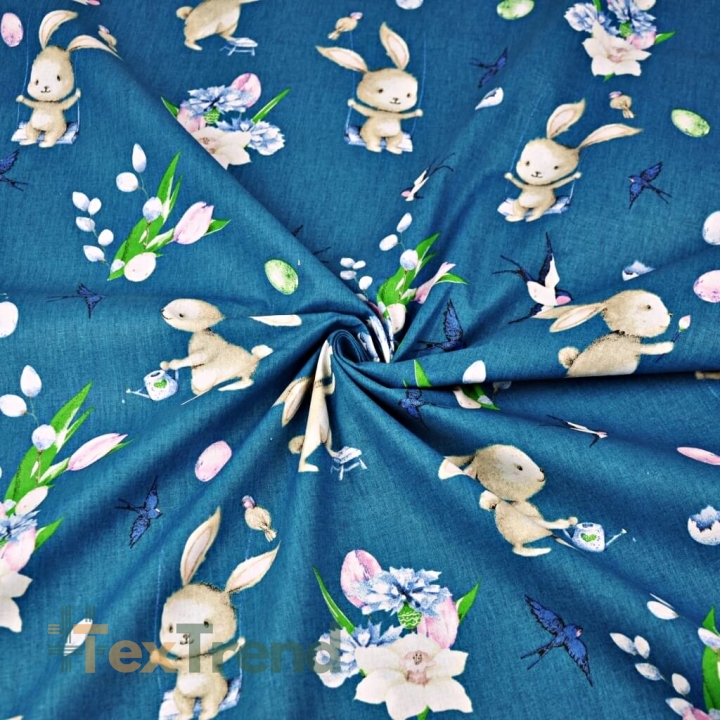 Baumwolle 100% Osterhasen mit Blumen auf smaragdgrünem Hintergrund  