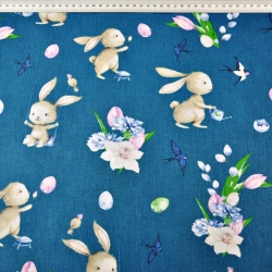 Baumwolle 100% Osterhasen mit Blumen auf smaragdgrünem Hintergrund  