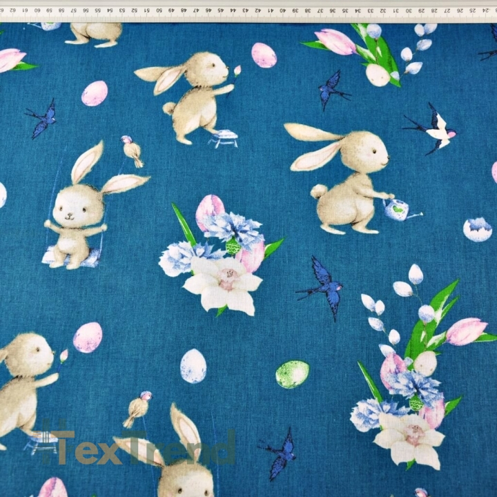 Baumwolle 100% Osterhasen mit Blumen auf smaragdgrünem Hintergrund  