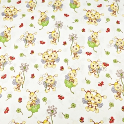 Baumwolle 100% Bienen mit Blumen auf weißem Hintergrund  