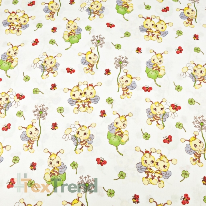 Baumwolle 100% Bienen mit Blumen auf weißem Hintergrund  