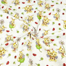 Baumwolle 100% Bienen mit Blumen auf weißem Hintergrund  