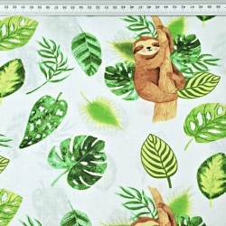 Baumwolle 100% Faultiere mit grünen Blättern auf weißem Hintergrund - 220 cm  