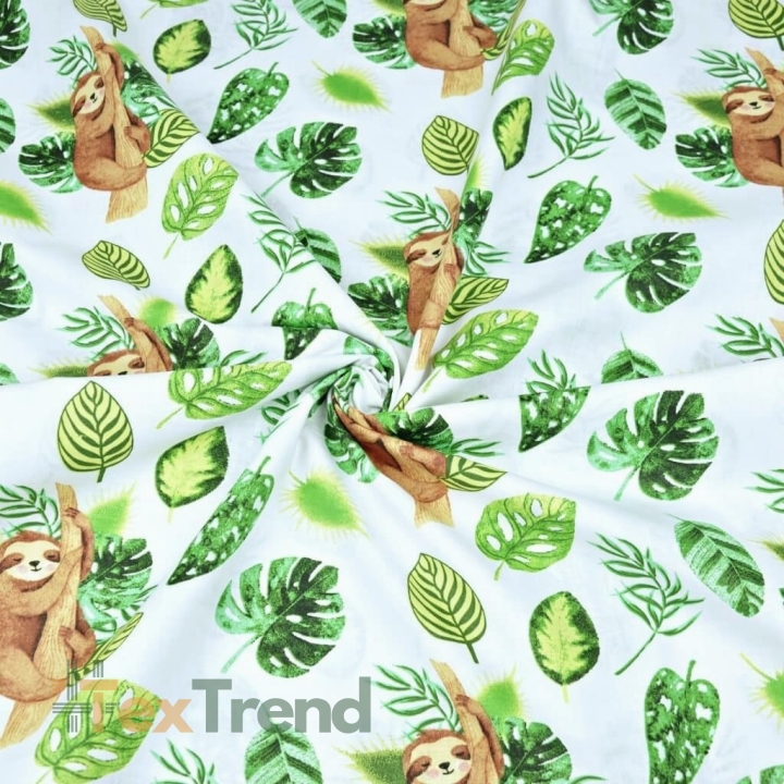 Baumwolle 100% Faultiere mit grünen Blättern auf weißem Hintergrund - 220 cm  