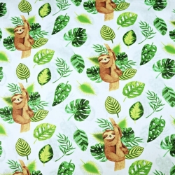 Baumwolle 100% Faultiere mit grünen Blättern auf weißem Hintergrund - 220 cm  