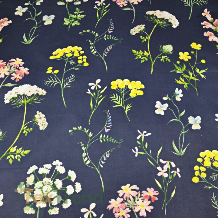 Baumwolle 100% Dillblumen und Butterblumen auf dunkelblauem Hintergrund  