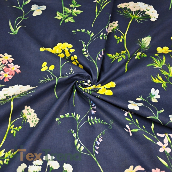 Baumwolle 100% Dillblumen und Butterblumen auf dunkelblauem Hintergrund  