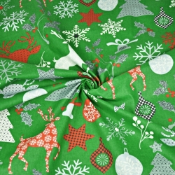 Baumwolle 100% Weihnachtsmuster Rehe mit Tannenbäumen auf grünem Hintergrund  